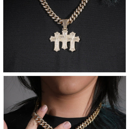 Hip-hop diamond-encrusted zircon three-cross Cuban necklace