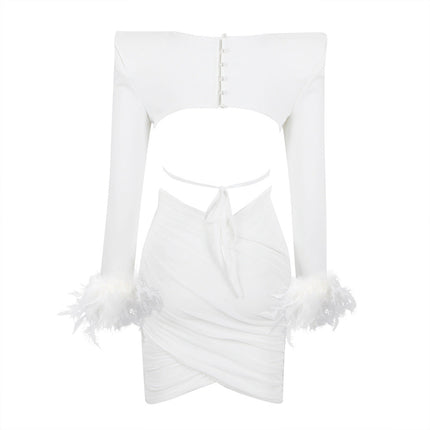 Commuting temperament feather long-sleeved dress French dress