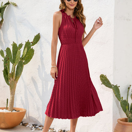 Tie High Waist Pleated Pom Dress Sleeveless Summer Dress