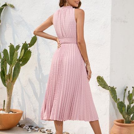 Tie High Waist Pleated Pom Dress Sleeveless Summer Dress