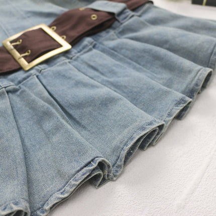 2023 summer detachable belt denim pleated bandeau denim dress