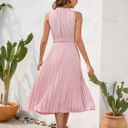 Tie High Waist Pleated Pom Dress Sleeveless Summer Dress