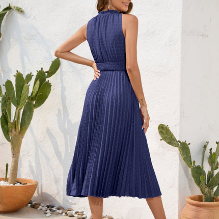 Tie High Waist Pleated Pom Dress Sleeveless Summer Dress