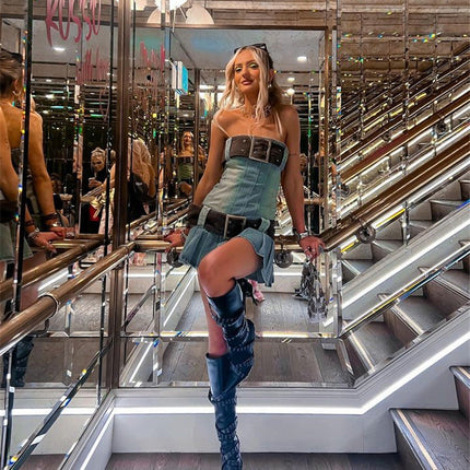 2023 summer detachable belt denim pleated bandeau denim dress
