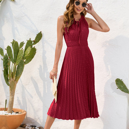 Tie High Waist Pleated Pom Dress Sleeveless Summer Dress