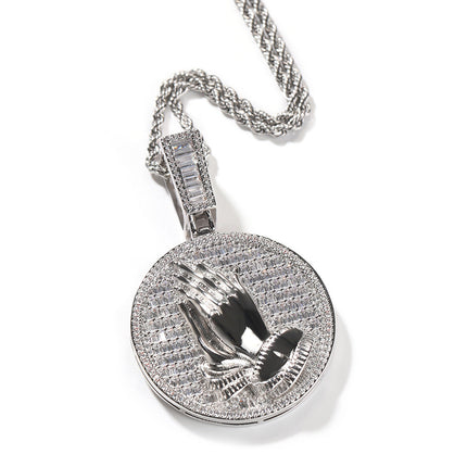 Hip-hop round disc zircon-encrusted praying hands pendant