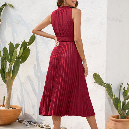 Tie High Waist Pleated Pom Dress Sleeveless Summer Dress
