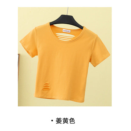 Summer ripped tight backless high waist T-shirt
