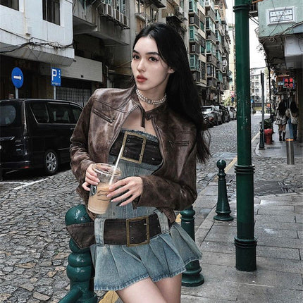 2023 summer detachable belt denim pleated bandeau denim dress