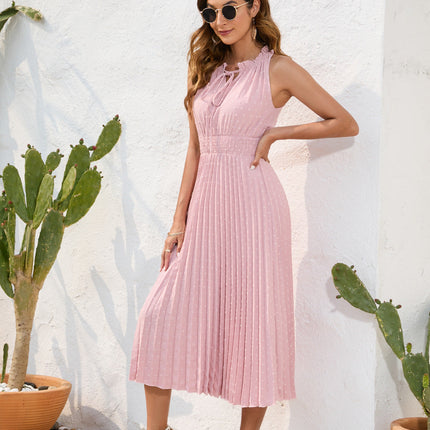 Tie High Waist Pleated Pom Dress Sleeveless Summer Dress