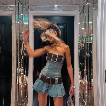 2023 summer detachable belt denim pleated bandeau denim dress