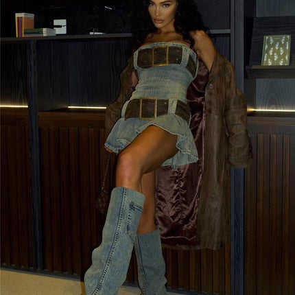 2023 summer detachable belt denim pleated bandeau denim dress