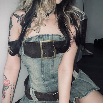2023 summer detachable belt denim pleated bandeau denim dress