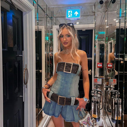 2023 summer detachable belt denim pleated bandeau denim dress
