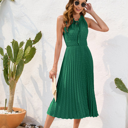 Tie High Waist Pleated Pom Dress Sleeveless Summer Dress