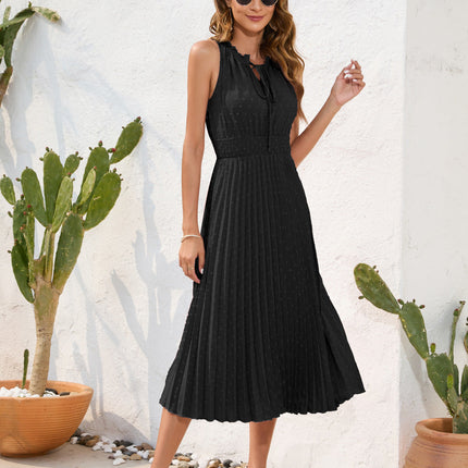 Tie High Waist Pleated Pom Dress Sleeveless Summer Dress