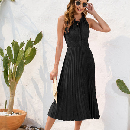 Tie High Waist Pleated Pom Dress Sleeveless Summer Dress