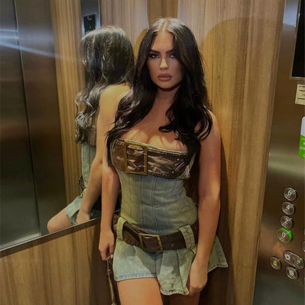 2023 summer detachable belt denim pleated bandeau denim dress