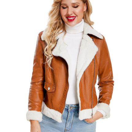 Autumn and winter fleece leather women's warm long-sleeved lapel coat jacket