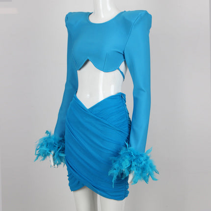 Commuting temperament feather long-sleeved dress French dress