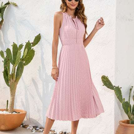 Tie High Waist Pleated Pom Dress Sleeveless Summer Dress