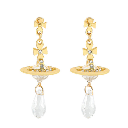 Saturn necklace, teardrop colored diamond earrings, Saturn earrings