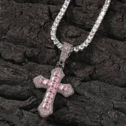 Hip-hop copper-inlaid purple zircon cross necklace