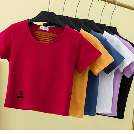 Summer ripped tight backless high waist T-shirt