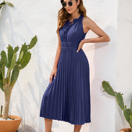 Tie High Waist Pleated Pom Dress Sleeveless Summer Dress