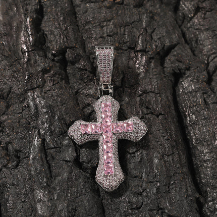 Hip-hop copper-inlaid purple zircon cross necklace