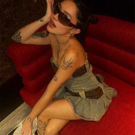 2023 summer detachable belt denim pleated bandeau denim dress