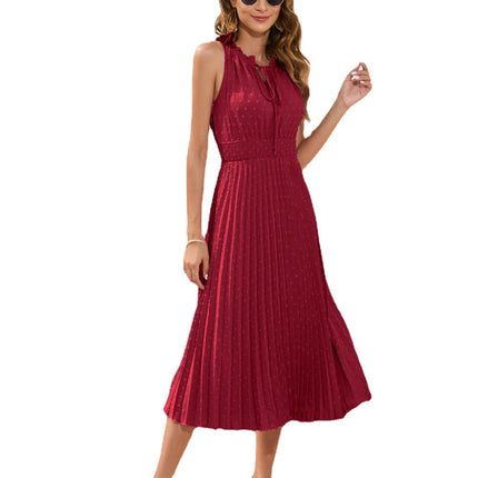 Tie High Waist Pleated Pom Dress Sleeveless Summer Dress