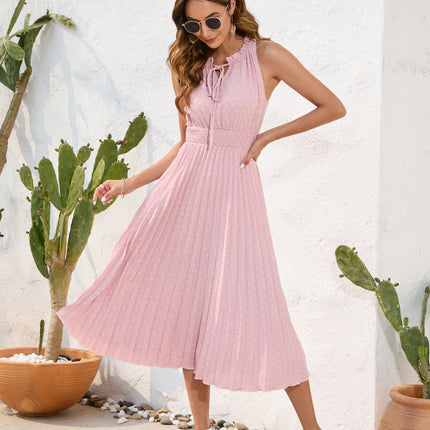 Tie High Waist Pleated Pom Dress Sleeveless Summer Dress