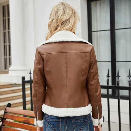 Autumn and winter fleece leather women's warm long-sleeved lapel coat jacket