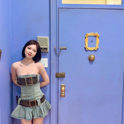 2023 summer detachable belt denim pleated bandeau denim dress