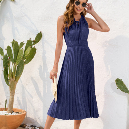 Tie High Waist Pleated Pom Dress Sleeveless Summer Dress