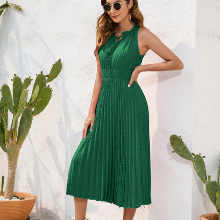 Tie High Waist Pleated Pom Dress Sleeveless Summer Dress