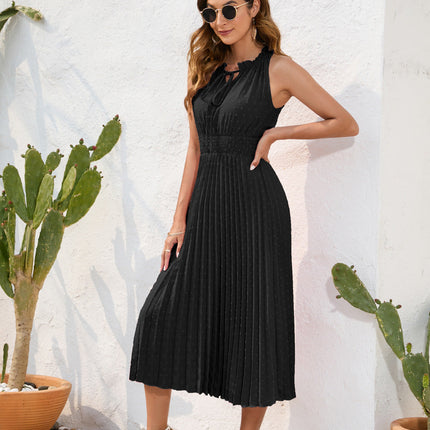 Tie High Waist Pleated Pom Dress Sleeveless Summer Dress
