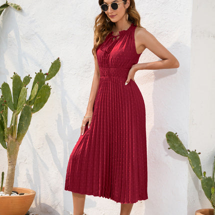 Tie High Waist Pleated Pom Dress Sleeveless Summer Dress