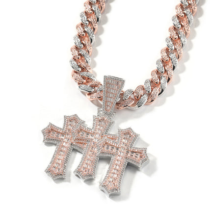 Hip-hop diamond-encrusted zircon three-cross Cuban necklace
