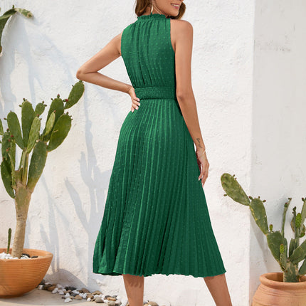 Tie High Waist Pleated Pom Dress Sleeveless Summer Dress