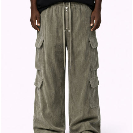 GREY CORDUROY DRAWSTRING CARGO PANTS