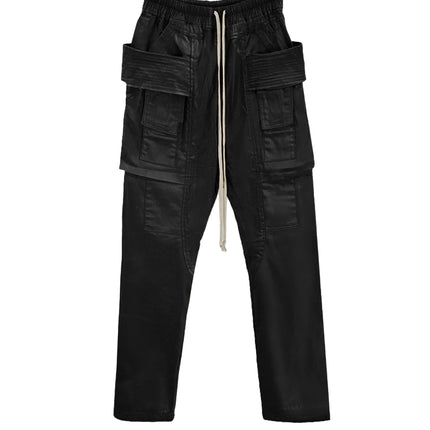 WAXED DROP-CROTCH DRAWSTRING CARGO PANTS