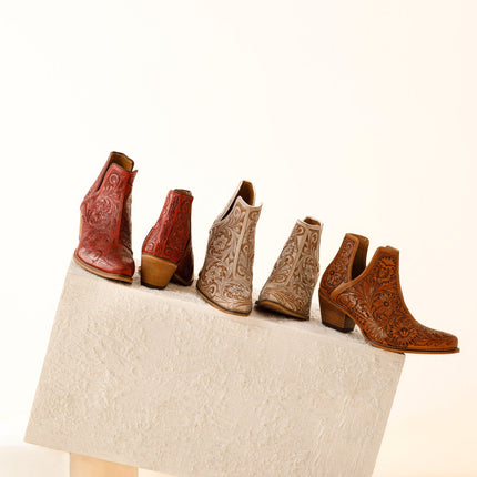 Western Moxie Hand-tooled Booties in White Chocolate