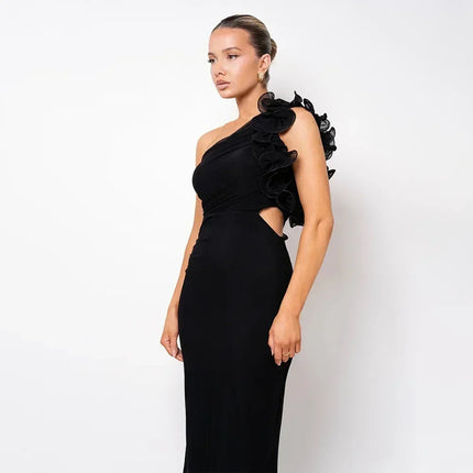 Articat Elegant Sleeveless Slant Shoulder Flower Dress Women Spring/Summer 2025 Sexy Mesh Wrap Hip Dress Party Evening Dress