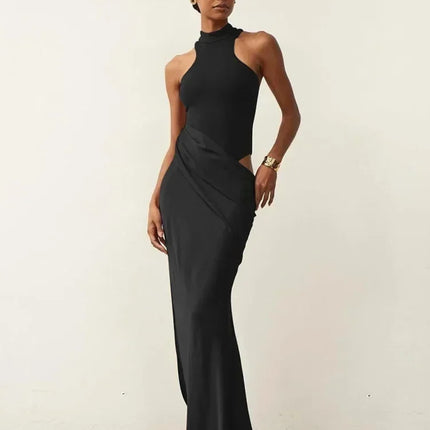 JULISSA MO Satin Sexy Hollow Out Women Maxi Dress Black Sleeveless High Waist Dress Female Autumn Skinny Elegant Party Clubwear