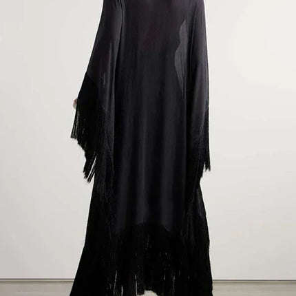 Yeezzi 2025 New Spring Fashion See-Through Tassel Party Dresses Women Batwing Sleeves Solid Color High-Neck Two Piece Set Dress