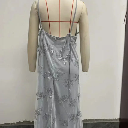 Women Dresses Sleeveless V Neck Pullover Sequins Party Dress Vestidos Formal Floor Length Sexy Wrap Breast Backless Slim