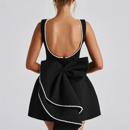Mozision Pearl Bow Backless Sexy Mini Dress For Women Robe Fashion Zipper Sleeveless High Waist A-line Club Party Dress Elegant