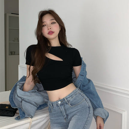T Shirt Women Summer Hollow Crewneck Cropped Tops Irregular Tight Fitting Short Sleeve